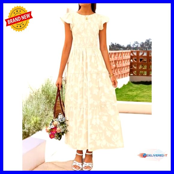 Boho Floral Midi Dress Short Sleeve Smocked A-Line Maxi Beach Vacation - Picture 4 of 7